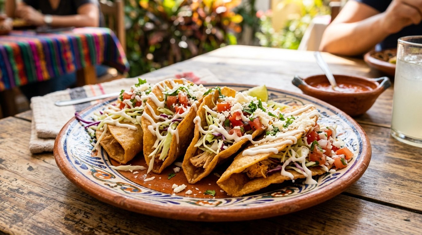 Plato abundante de tacos dorados crujientes con salsa y verdura fresca